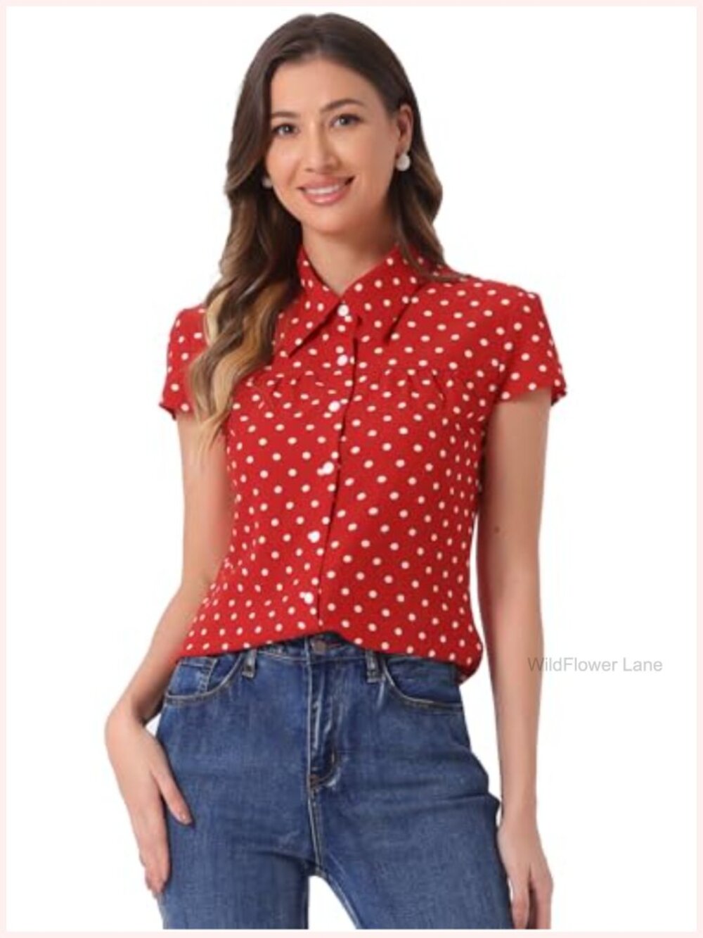 Vintage Polka Dot Button Up Blouse Short Sleeve Crepe Texture Summer Retro